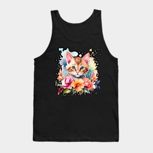 A cat decorated with beautiful watercolor flowers Tank Top